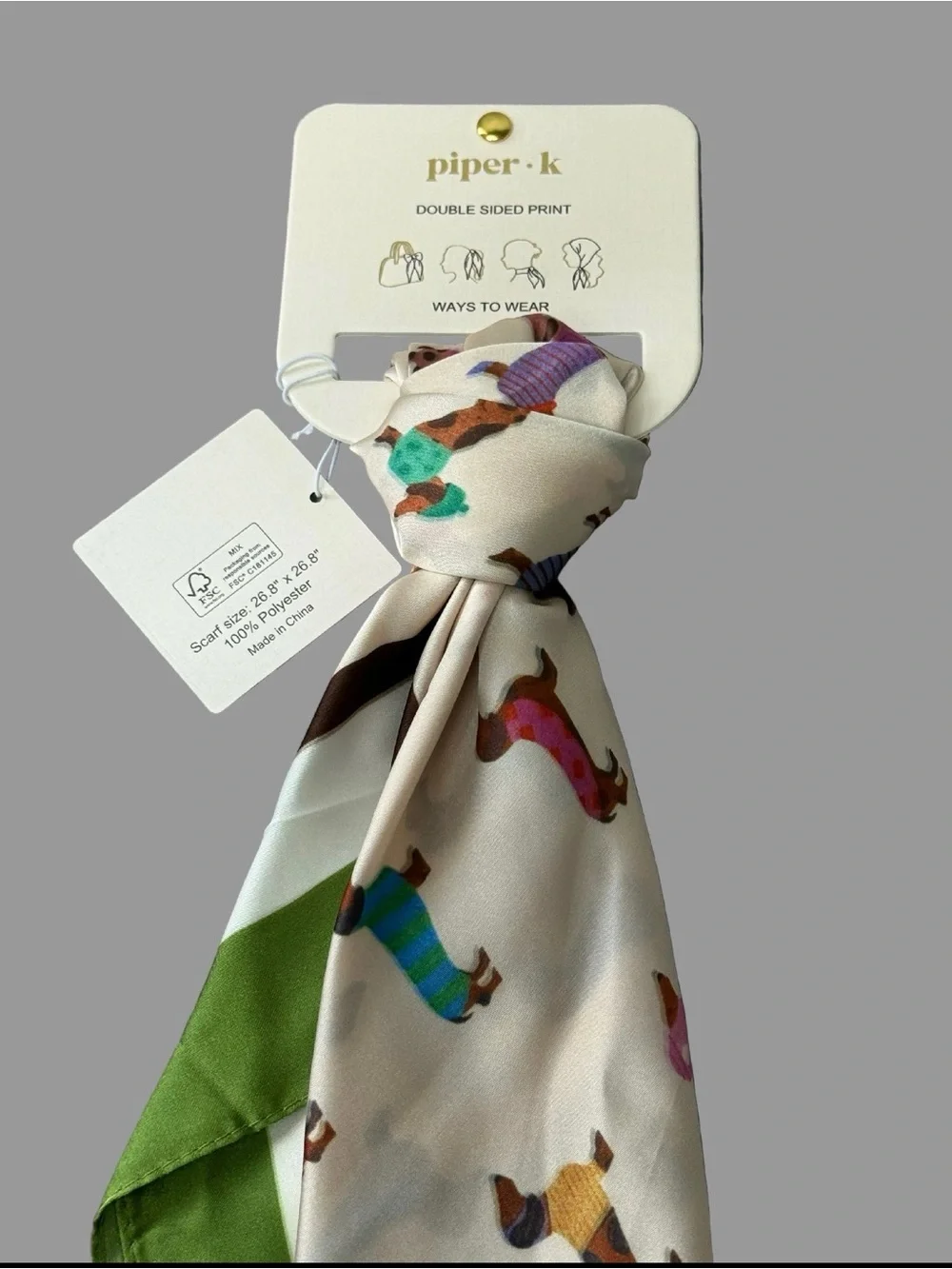 Piper.k Cream and Green Dog-Print Hair Scarf